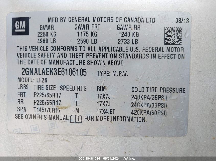 2014 Chevrolet Equinox Ls VIN: 2GNALAEK3E6106105 Lot: 39481096