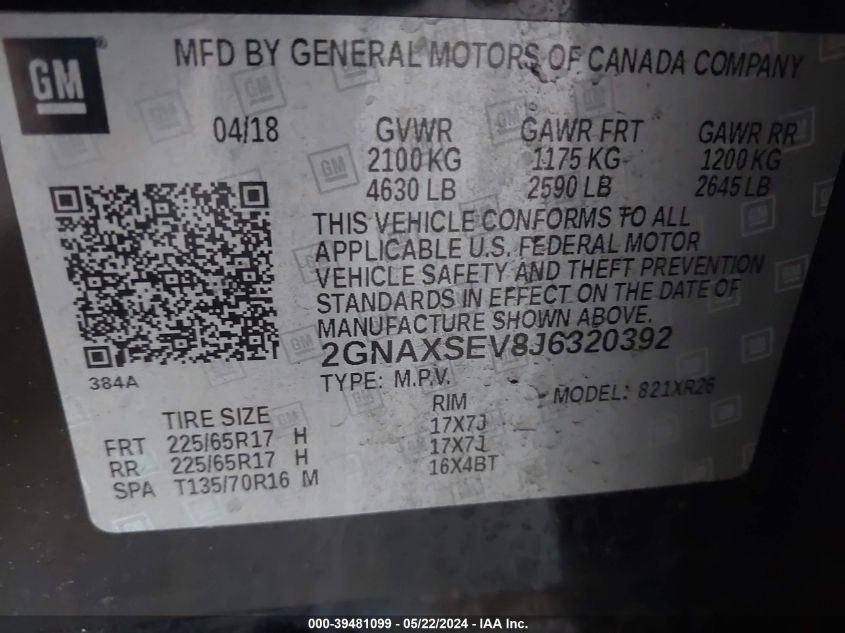 2018 Chevrolet Equinox Lt VIN: 2GNAXSEV8J6320392 Lot: 39481099