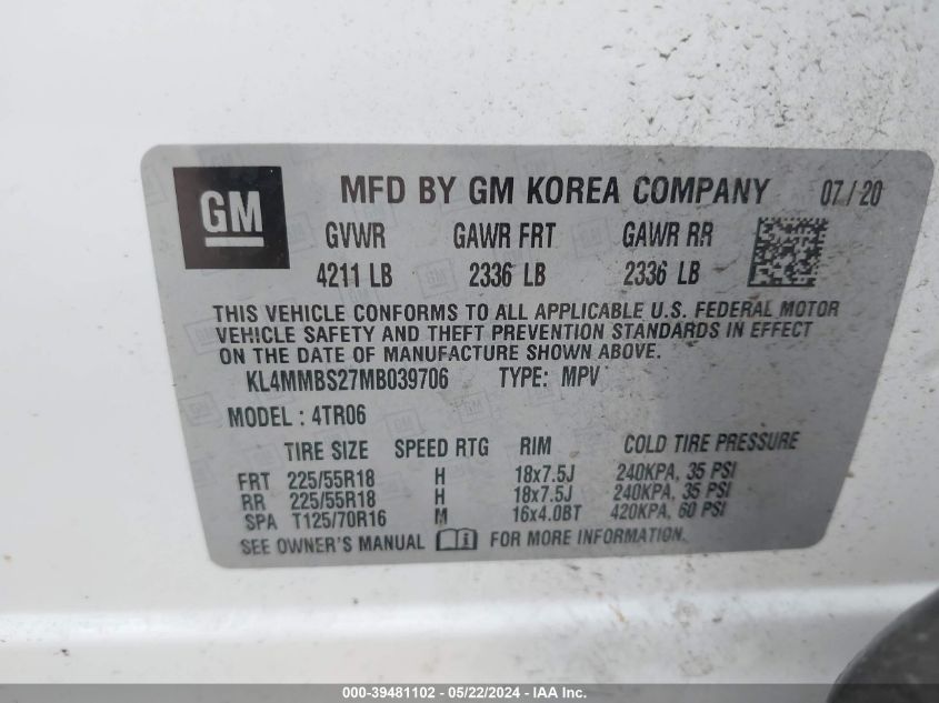 2021 Buick Encore Gx Fwd Preferred VIN: KL4MMBS27MB039706 Lot: 39481102