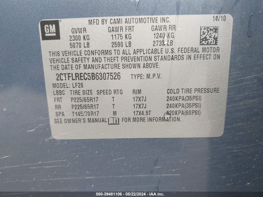 2011 GMC Terrain Sle-1 VIN: 2CTFLREC5B6307526 Lot: 39481106