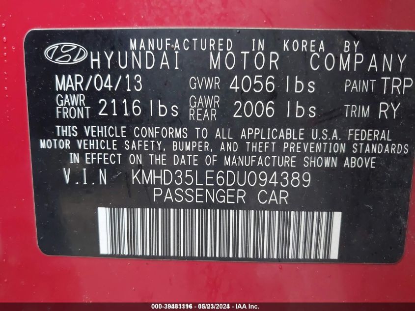 2013 Hyundai Elantra Gt VIN: KMHD35LE6DU094389 Lot: 39481116