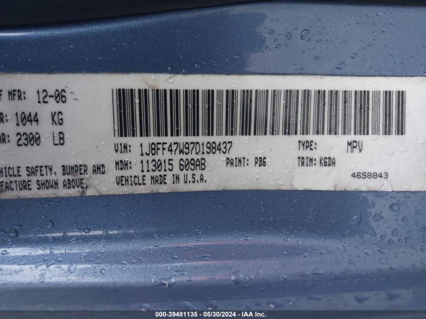 2007 Jeep Compass Sport VIN: 1J8FF47W97D198437 Lot: 39481135