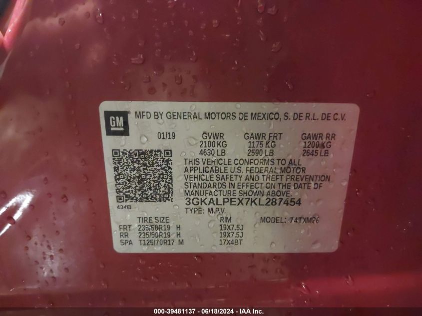 2019 GMC Terrain Slt VIN: 3GKALPEX7KL287454 Lot: 39481137