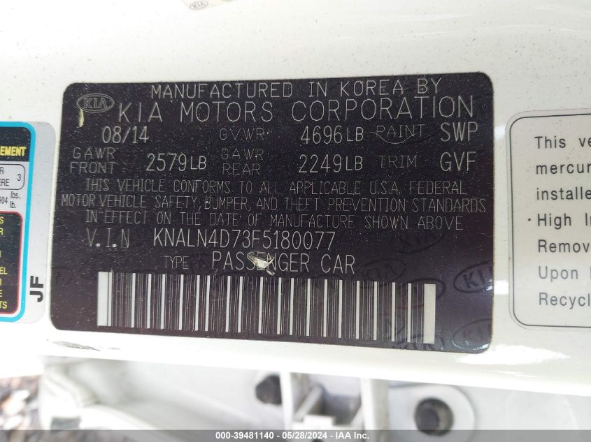 2015 Kia Cadenza Premium VIN: KNALN4D73F5180077 Lot: 39481140