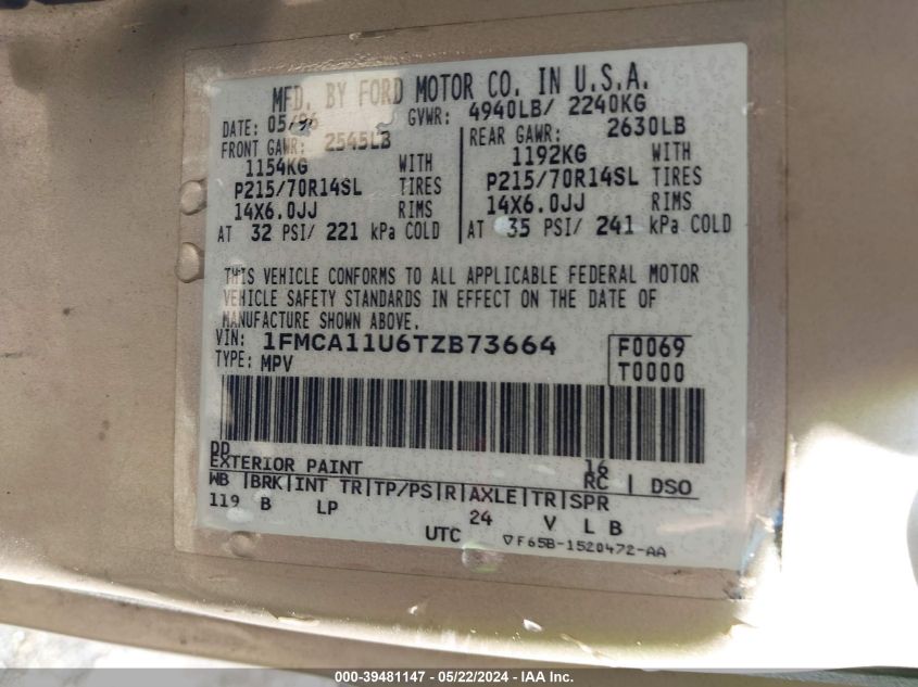 1996 Ford Aerostar VIN: 1FMCA11U6TZB73664 Lot: 39481147