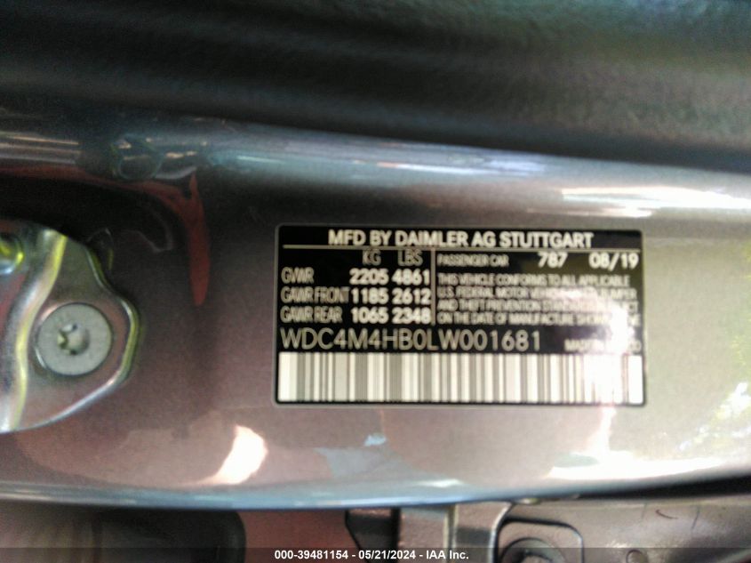 WDC4M4HB0LW001681 2020 Mercedes-Benz Glb 250 4Matic