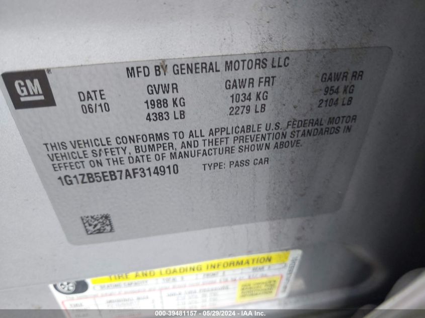2010 Chevrolet Malibu Ls VIN: 1G1ZB5EB7AF314910 Lot: 39481157