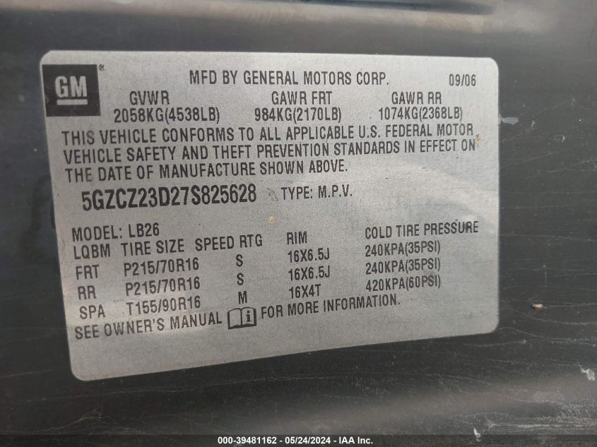 2007 Saturn Vue 4 Cyl VIN: 5GZCZ23D27S825628 Lot: 39481162