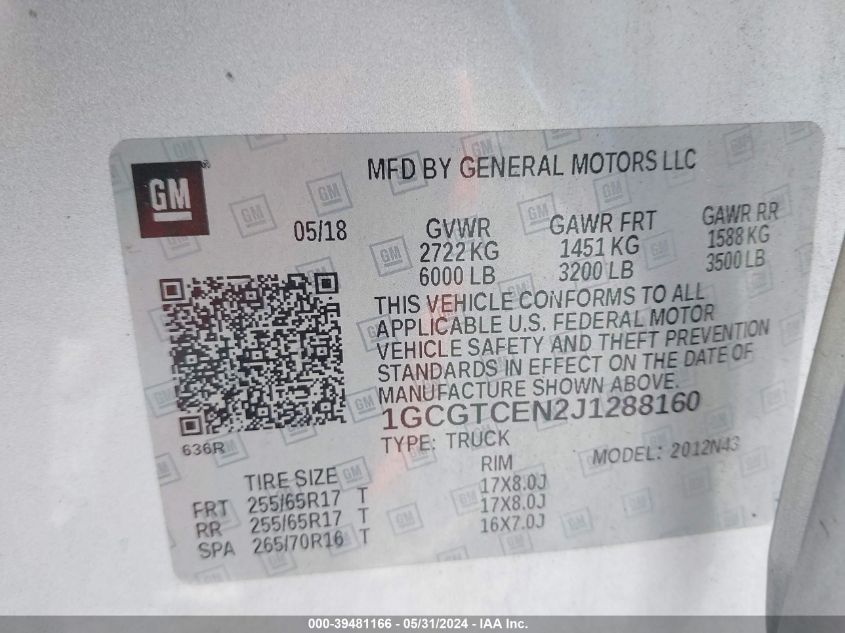2018 Chevrolet Colorado Lt VIN: 1GCGTCEN2J1288160 Lot: 39481166