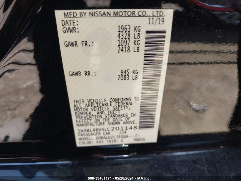 2020 Nissan Altima S Fwd VIN: 1N4BL4BV4LC201148 Lot: 39481171