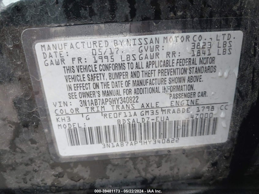 2017 Nissan Sentra Sv VIN: 3N1AB7AP9HY340822 Lot: 39481173