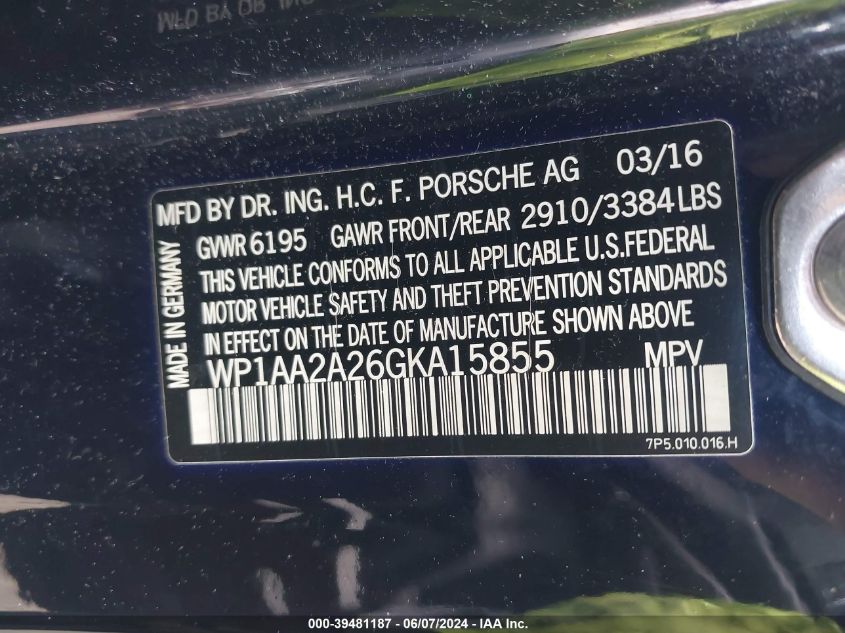 2016 Porsche Cayenne VIN: WP1AA2A26GKA15855 Lot: 39481187