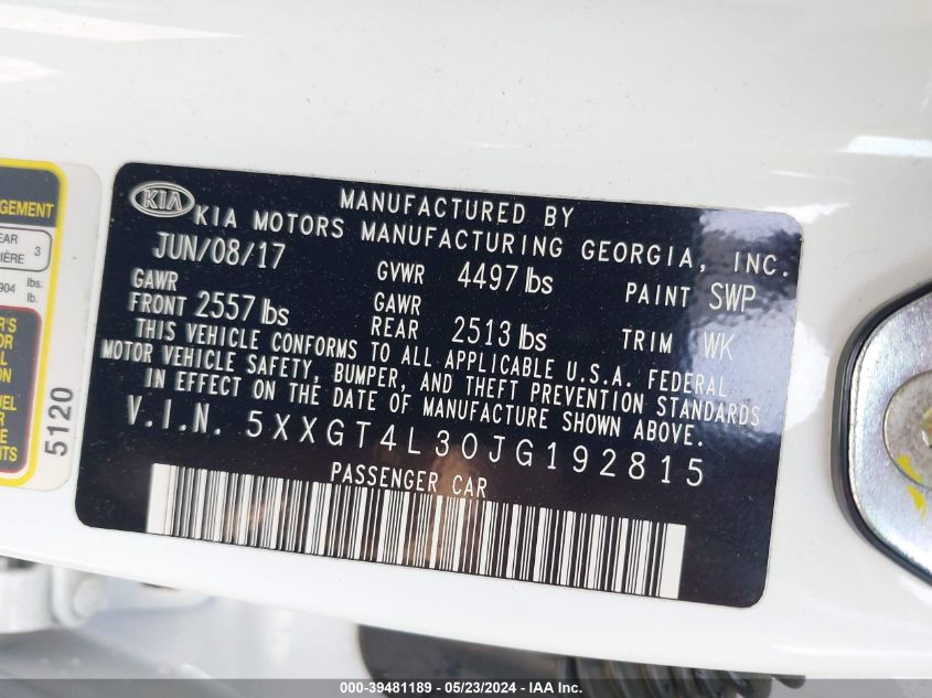 2018 Kia Optima Lx VIN: 5XXGT4L30JG192815 Lot: 39481189