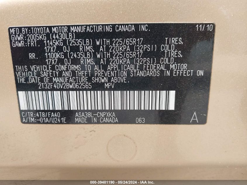 2011 Toyota Rav4 VIN: 2T3ZF4DV2BW062565 Lot: 39481190