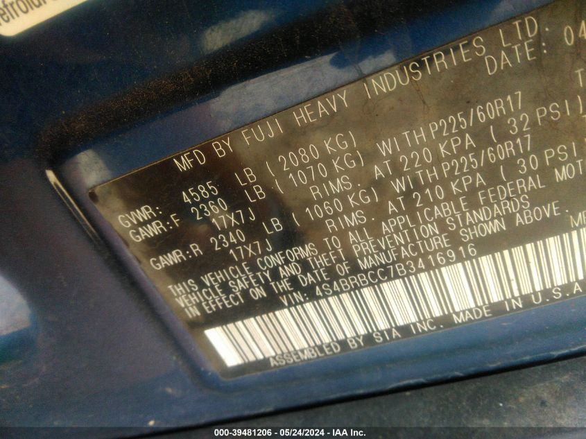 2011 Subaru Outback 2.5I Premium VIN: 4S4BRBCC7B3416916 Lot: 39481206