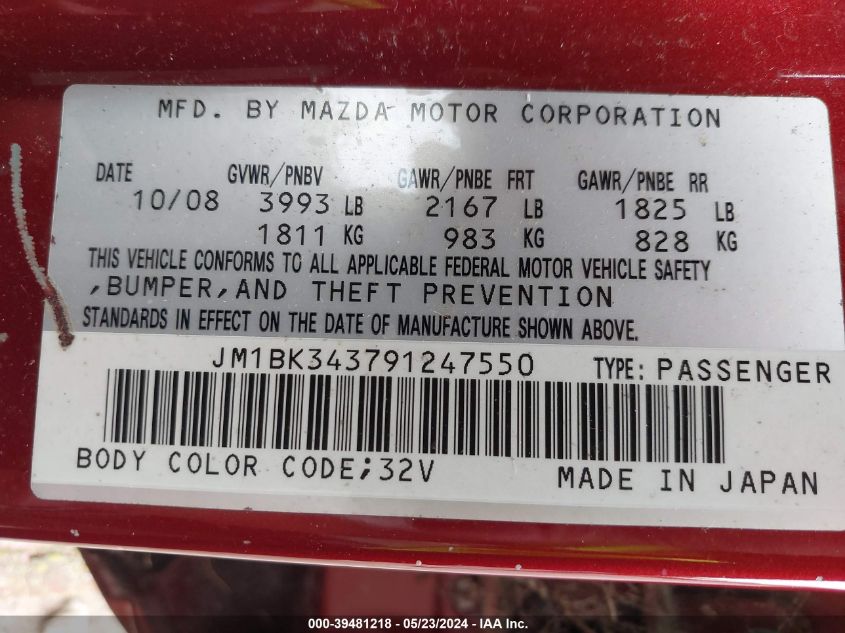 2009 Mazda Mazda3 S Sport VIN: JM1BK343791247550 Lot: 39481218