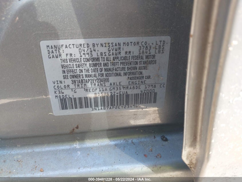 2014 Nissan Sentra Sv VIN: 3N1AB7AP2EY234966 Lot: 39481228