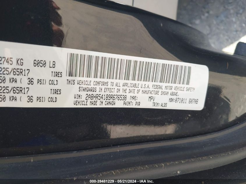 2009 Chrysler Town & Country Touring VIN: 2A8HR54189R676538 Lot: 39481229