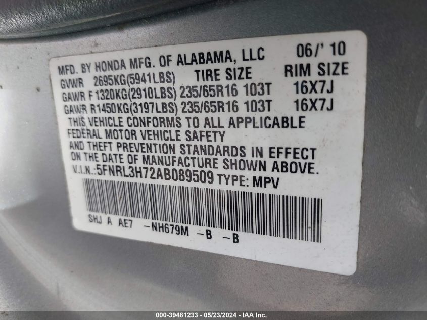 2010 Honda Odyssey Ex-L VIN: 5FNRL3H72AB089509 Lot: 39481233