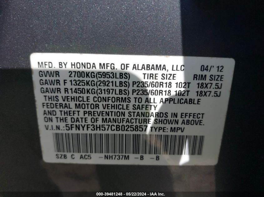 2012 Honda Pilot Ex-L VIN: 5FNYF3H57CB025857 Lot: 39481248