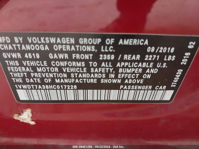 2017 Volkswagen Passat 1.8T R-Line VIN: 1VWDT7A38HC017226 Lot: 39481259