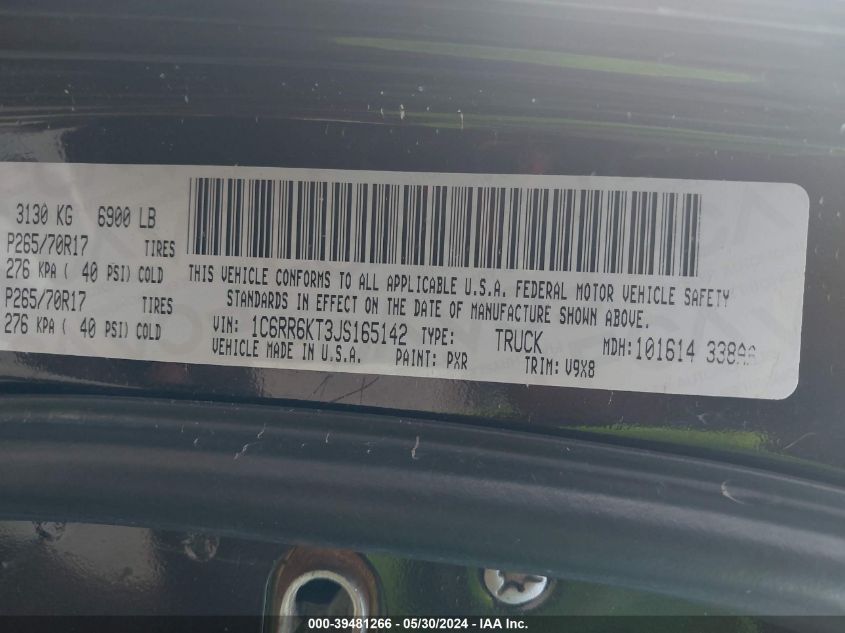 2018 Ram 1500 Tradesman 4X2 5'7 Box VIN: 1C6RR6KT3JS165142 Lot: 39481266