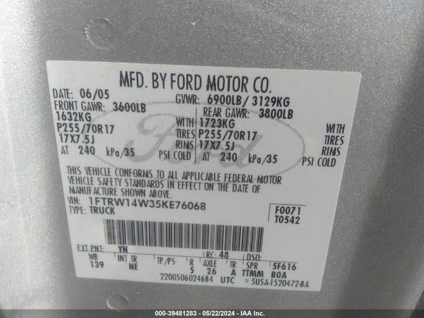 2005 Ford F-150 Xlt VIN: 1FTRW14W35KE76068 Lot: 39481283