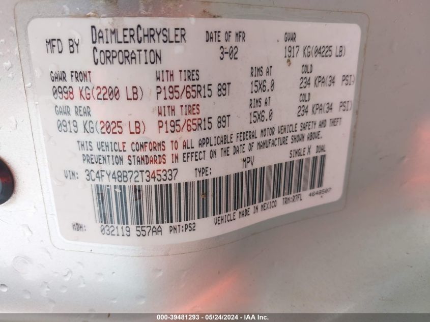 2002 Chrysler Pt Cruiser VIN: 3C4FY48B72T345337 Lot: 39481293