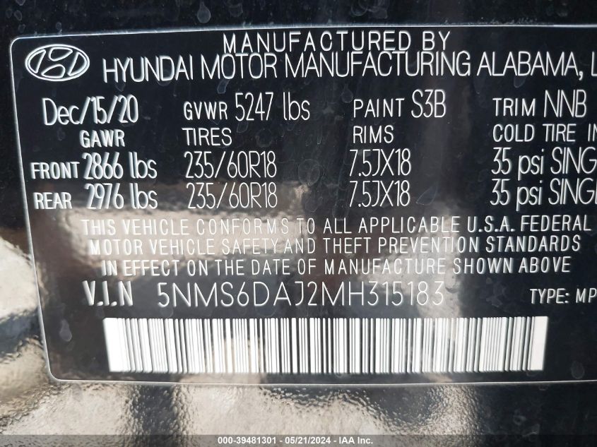 2021 Hyundai Santa Fe Sel VIN: 5NMS6DAJ2MH315183 Lot: 39481301