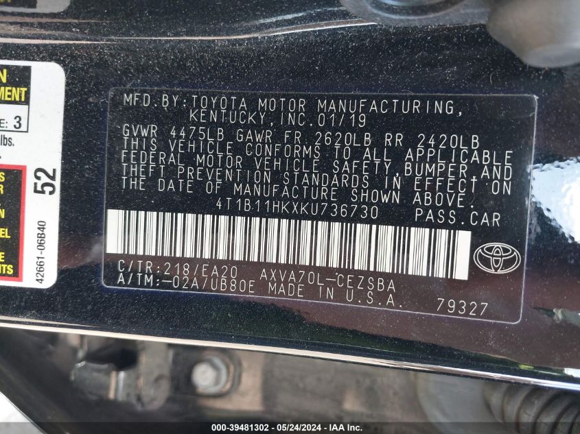 2019 Toyota Camry Se VIN: 4T1B11HKXKU736730 Lot: 39481302