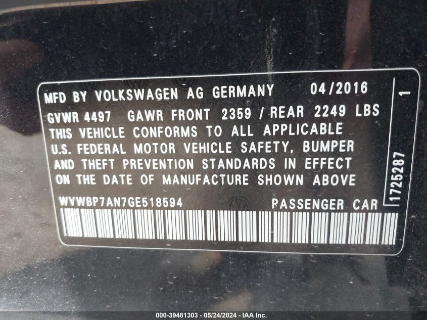 2016 Volkswagen Cc 2.0T Sport VIN: WVWBP7AN7GE518594 Lot: 39481303