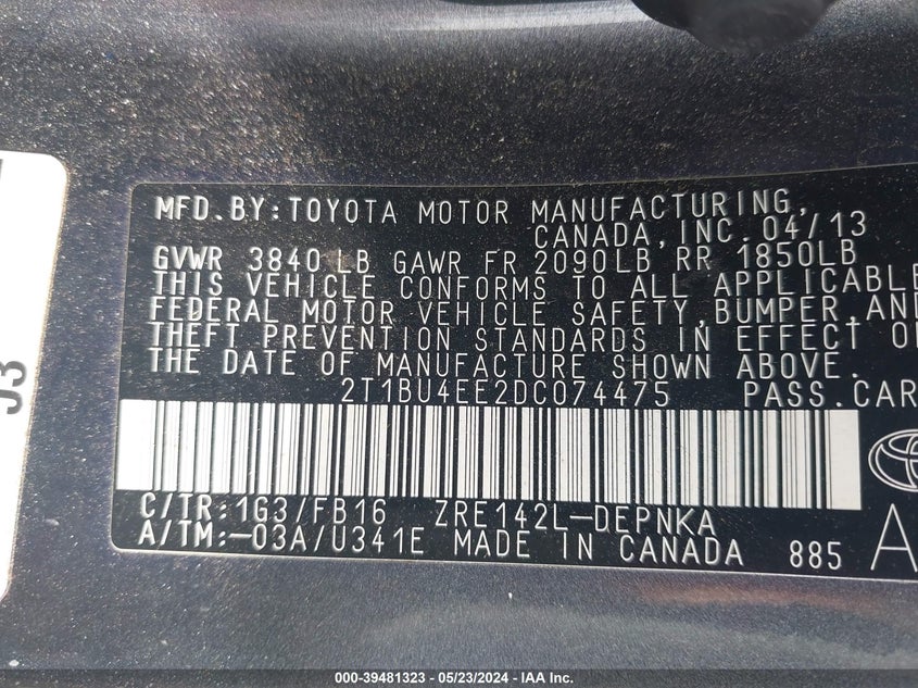 2013 Toyota Corolla Le VIN: 2T1BU4EE2DC074475 Lot: 39481323