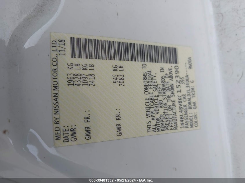 VIN 1N4BL4BV8KC152390 2019 NISSAN ALTIMA 2.5 S