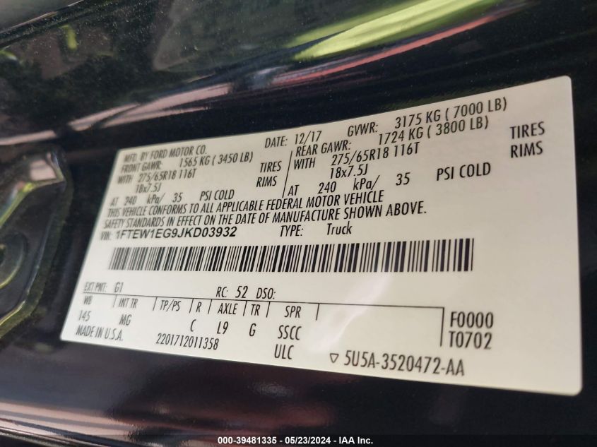 2018 Ford F-150 Xlt VIN: 1FTEW1EG9JKD03932 Lot: 39481335