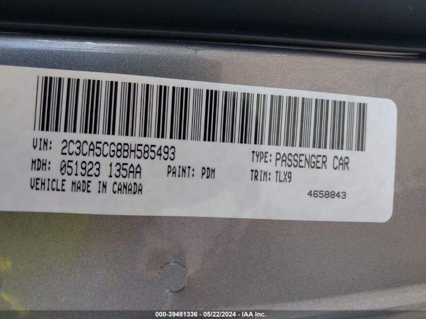 2011 Chrysler 300 Limited VIN: 2C3CA5CG8BH585493 Lot: 39481336