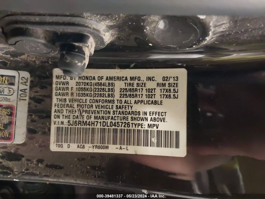 2013 Honda Cr-V Ex-L VIN: 5J6RM4H71DL045726 Lot: 39481337