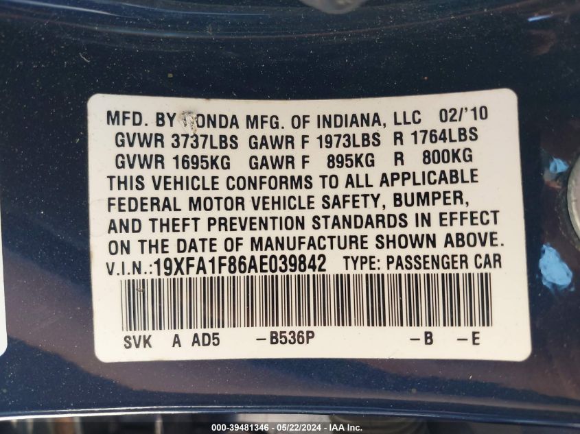 2010 Honda Civic Ex VIN: 19XFA1F86AE03984 Lot: 39481346