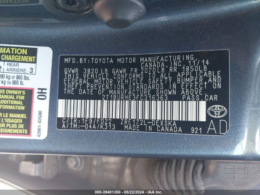 2015 Toyota Corolla S Plus VIN: 2T1BURHE3FC316363 Lot: 39481350