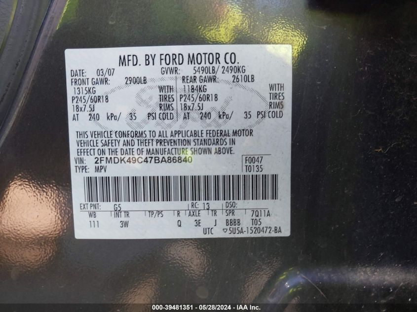 2007 Ford Edge Sel Plus VIN: 2FMDK49C47BA86840 Lot: 39481351