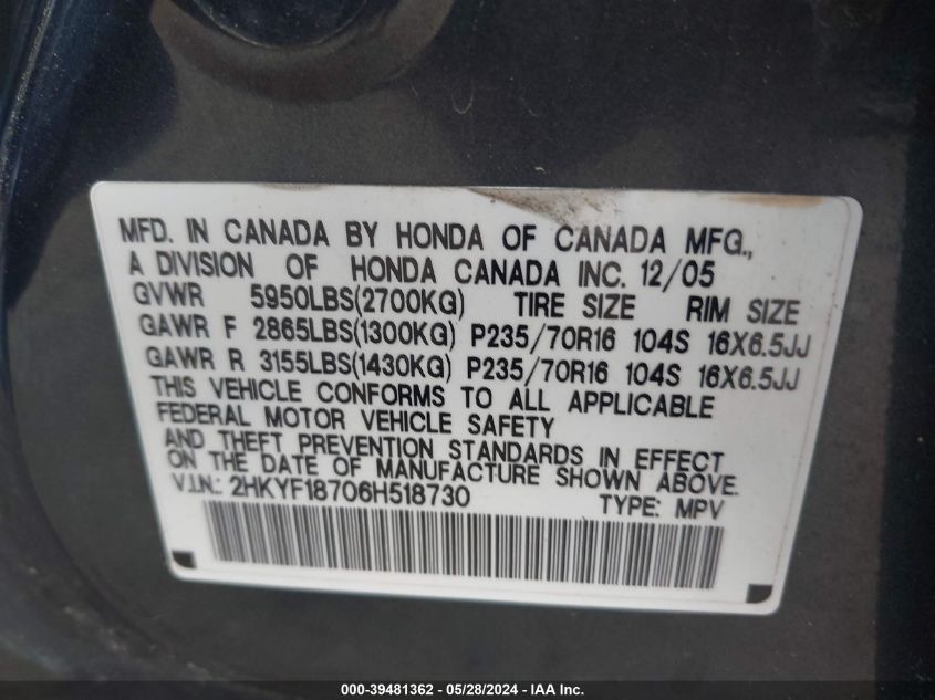2006 Honda Pilot Ex-L VIN: 2HKYF18706H518730 Lot: 39481362