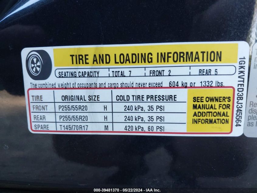 2011 GMC Acadia Denali VIN: 1GKKVTED3BJ345564 Lot: 39481370