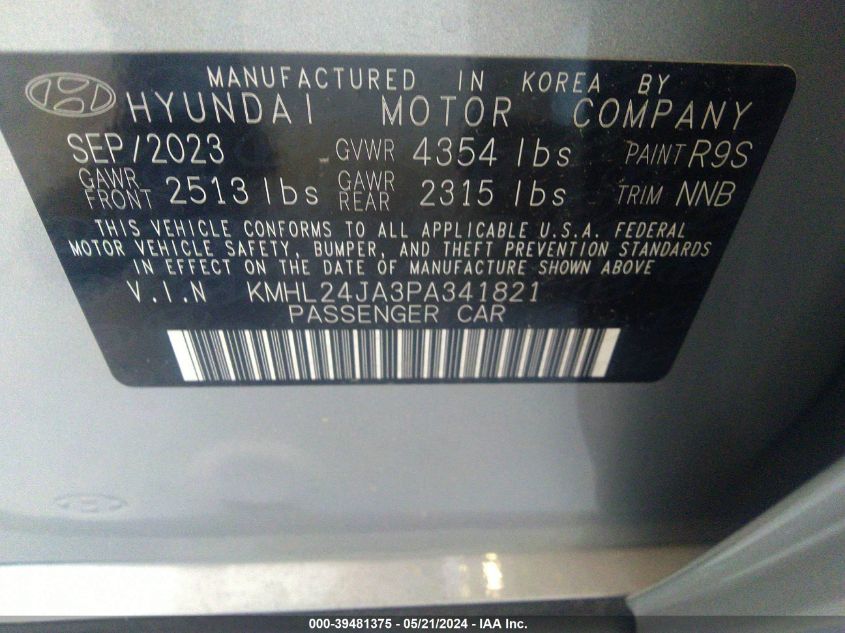 2023 Hyundai Sonata Se VIN: KMHL24JA3PA341821 Lot: 39481375