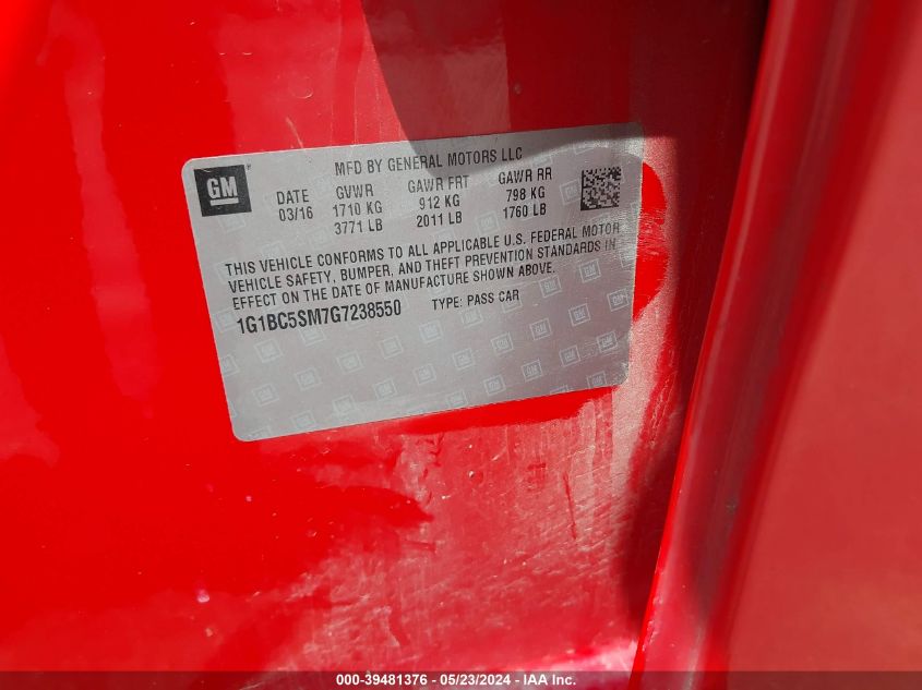 2016 Chevrolet Cruze Ls Auto VIN: 1G1BC5SM7G7238550 Lot: 39481376