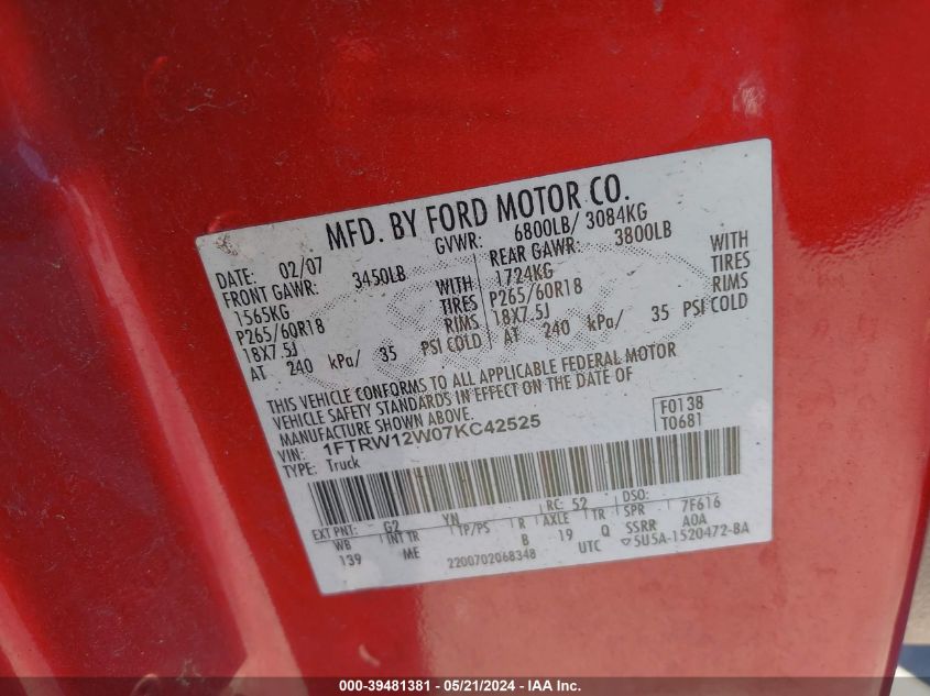 2007 Ford F-150 Xlt VIN: 1FTRW12W07KC42525 Lot: 39481381