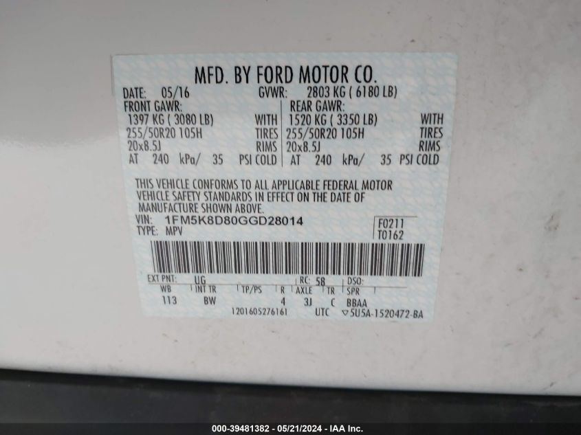 2016 Ford Explorer Xlt VIN: 1FM5K8D80GGD28014 Lot: 39481382