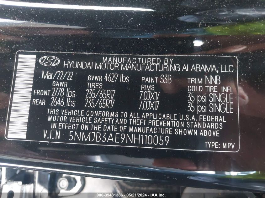 VIN 5NMJB3AE9NH110059 2022 HYUNDAI TUCSON SEL