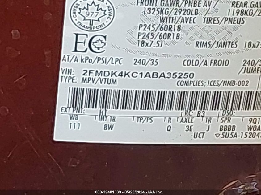 2010 Ford Edge Limited VIN: 2FMDK4KC1ABA35250 Lot: 39481389