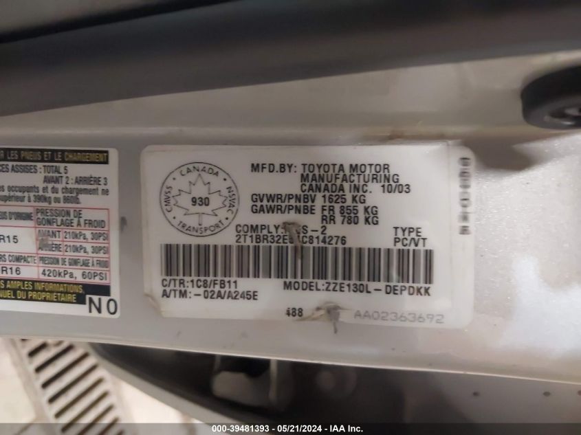 2004 Toyota Corolla Ce/Le/S VIN: 2T1BR32E54C814276 Lot: 39481393