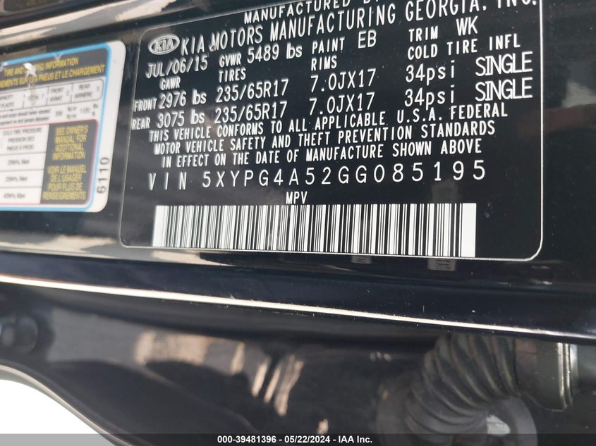 2016 Kia Sorento 3.3L Lx VIN: 5XYPG4A52GG085195 Lot: 39481396