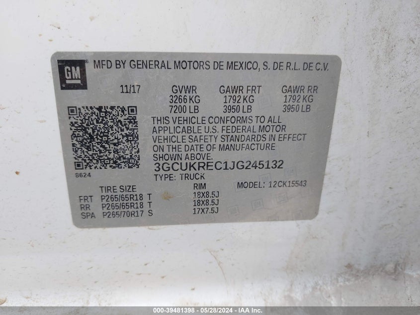 2018 Chevrolet Silverado 1500 2Lt VIN: 3GCUKREC1JG245132 Lot: 39481398